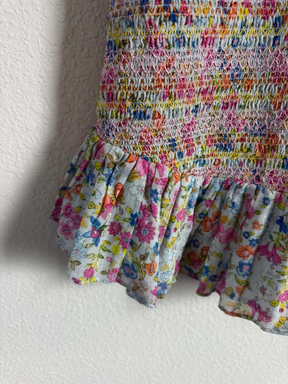 LoveShackFancy Sonora Floral Smocked Ruffle Mini Dress in Coral Reef Waves Sz L - Picture 11 of 11